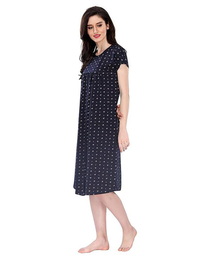 AV2 Navy Blue Maternity Nursing Nighty-Round Neck-Floral Print-Bump Friendly