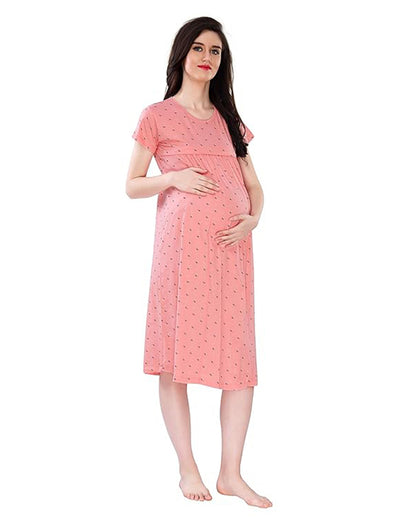 AV2 Peach Maternity Nursing Nighty-Round Neck-Other Print-Bump Friendly