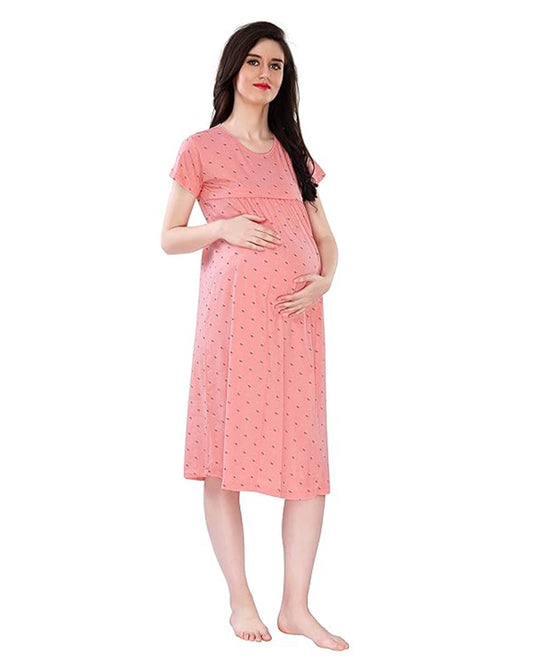 AV2 Peach Maternity Nursing Nighty-Round Neck-Other Print-Bump Friendly