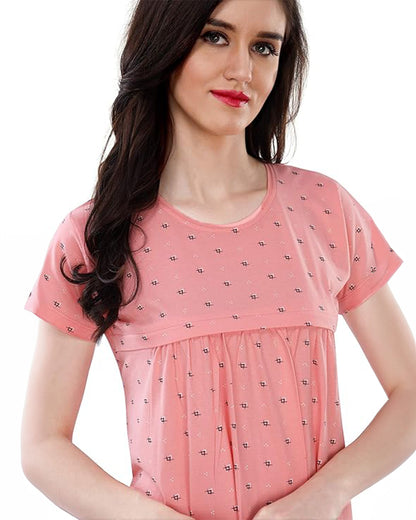 AV2 Peach Maternity Nursing Nighty-Round Neck-Other Print-Bump Friendly