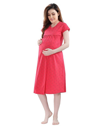 AV2 Red Maternity Nursing Nighty-Round Neck-Other Print-Bump Friendly