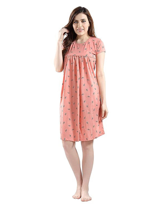 AV2 Peach Maternity Nursing Nighty-Round Neck-Floral Print-Bump Friendly