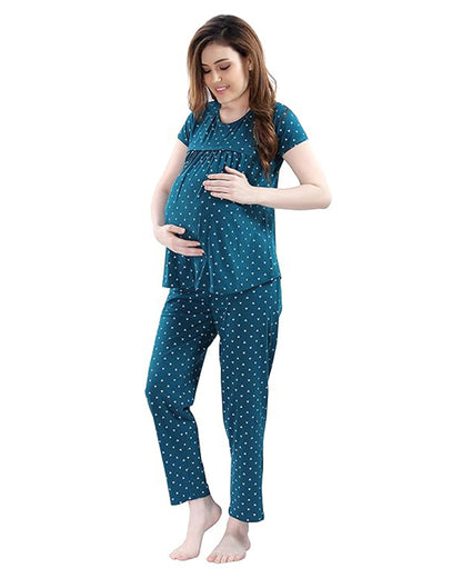 AV2 Teal Maternity Nursing Night Suit-Round Neck-Printed-Bump Friendly