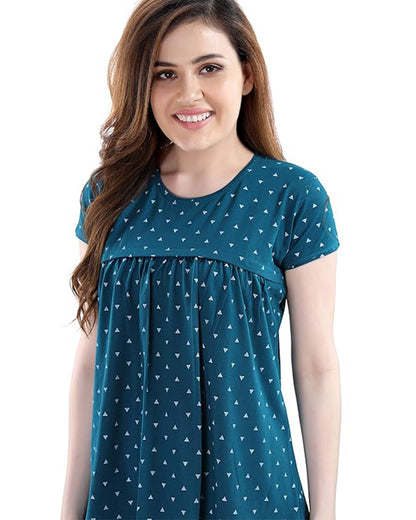 AV2 Teal Maternity Nursing Night Suit-Round Neck-Printed-Bump Friendly