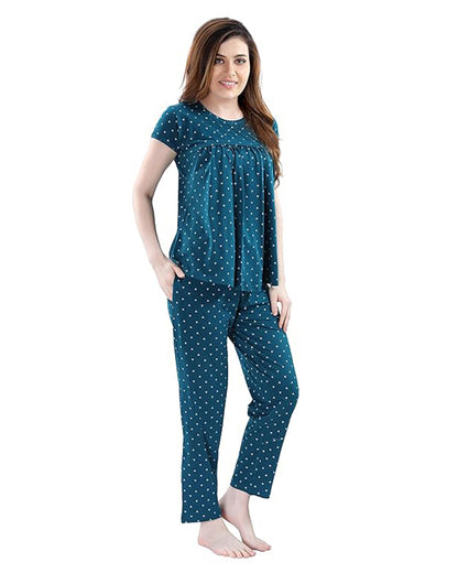 AV2 Teal Maternity Nursing Night Suit-Round Neck-Printed-Bump Friendly