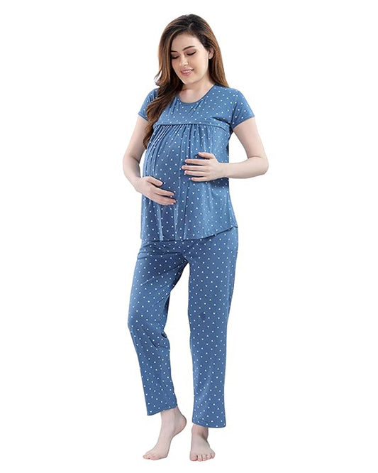 AV2 Blue Maternity Nursing Night Suit-Round Neck-Other Print-Bump Friendly