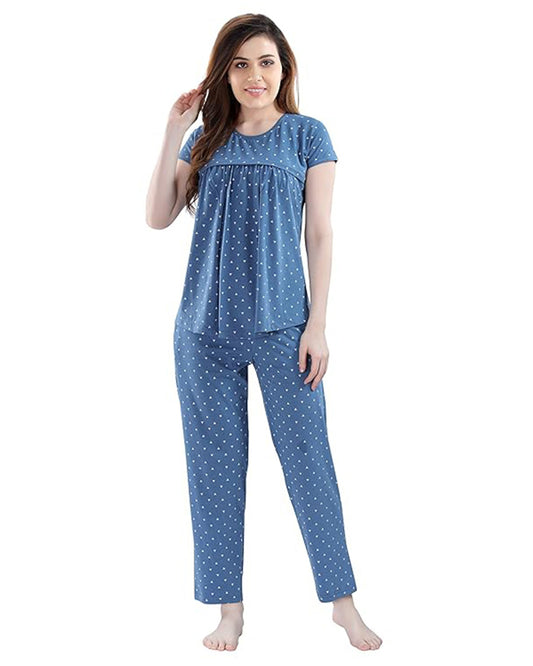 AV2 Blue Maternity Nursing Night Suit-Round Neck-Other Print-Bump Friendly