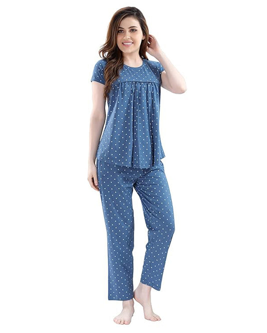 AV2 Blue Maternity Nursing Night Suit-Round Neck-Other Print-Bump Friendly