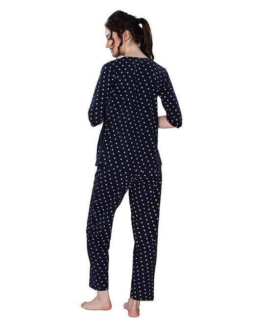 AV2 Navy Blue Maternity Nursing Night Suit-Round Neck-Floral Print-Bump Friendly