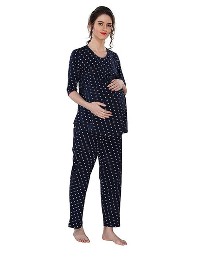 AV2 Navy Blue Maternity Nursing Night Suit-Round Neck-Floral Print-Bump Friendly