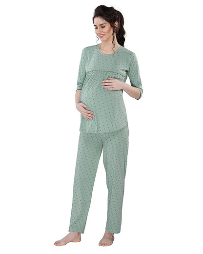 AV2 Sage Green Maternity Nursing Night Suit-Round Neck-Other Print-Bump Friendly