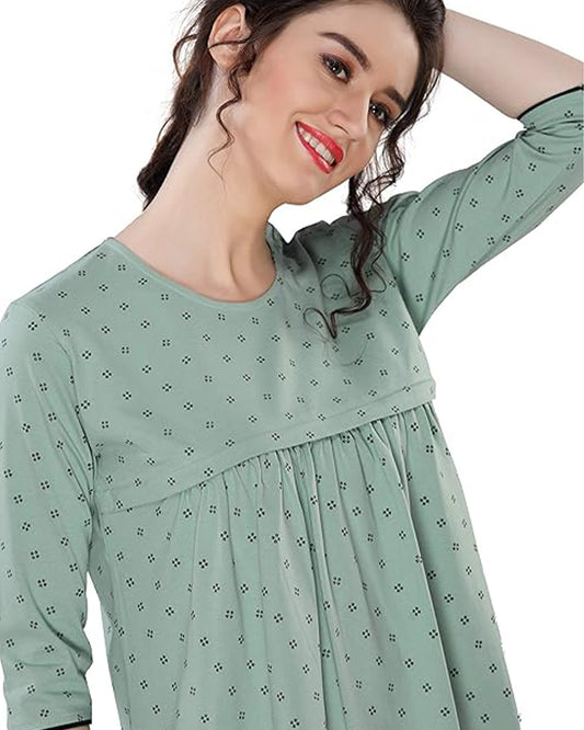 AV2 Sage Green Maternity Nursing Night Suit-Round Neck-Other Print-Bump Friendly