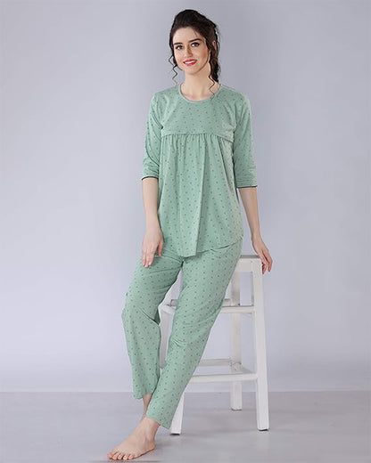 AV2 Sage Green Maternity Nursing Night Suit-Round Neck-Other Print-Bump Friendly