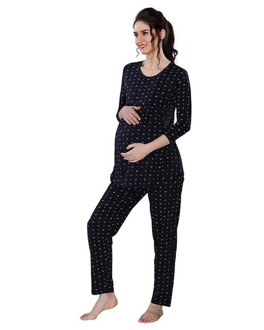 AV2 Navy Blue Maternity Nursing Night Suit-Round Neck-Other Print-Bump Friendly