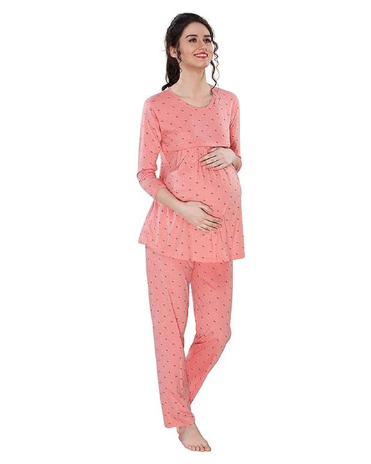 AV2 Peach Maternity Nursing Night Suit-Round Neck-Other Print-Bump Friendly