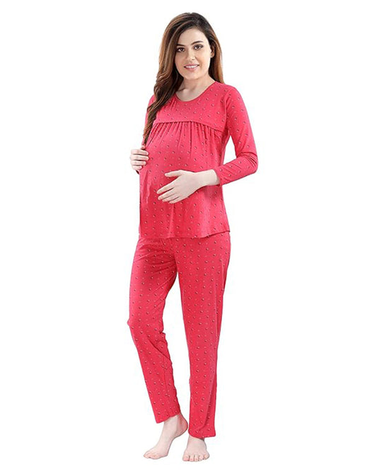 AV2 Red Maternity Nursing Night Suit-Round Neck-Other Print-Bump Friendly