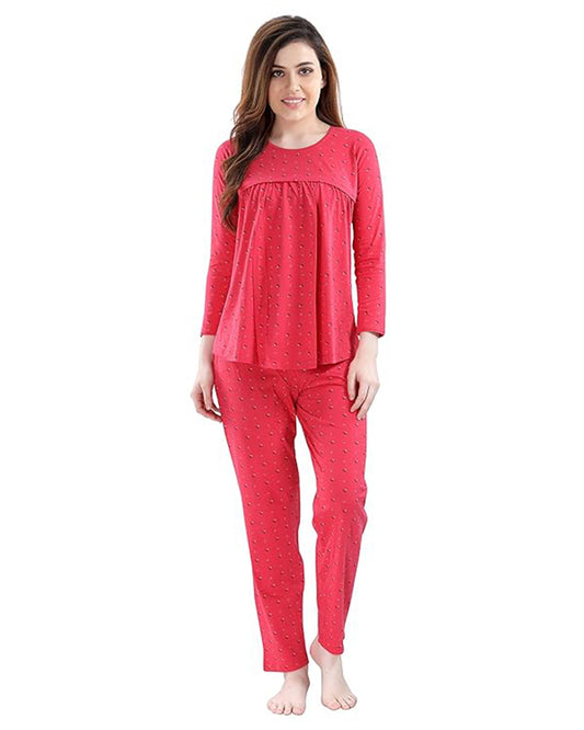 AV2 Red Maternity Nursing Night Suit-Round Neck-Other Print-Bump Friendly