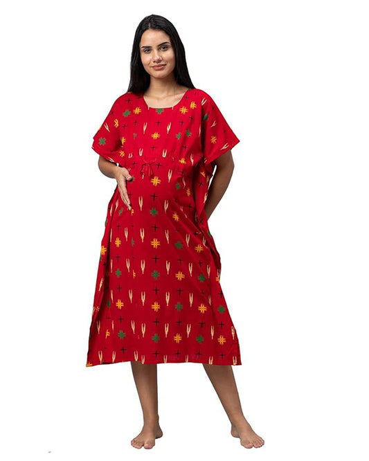 AV2 Red Maternity Nursing Kaftan Nighty-Round Neck-Other Print-Bump Friendly