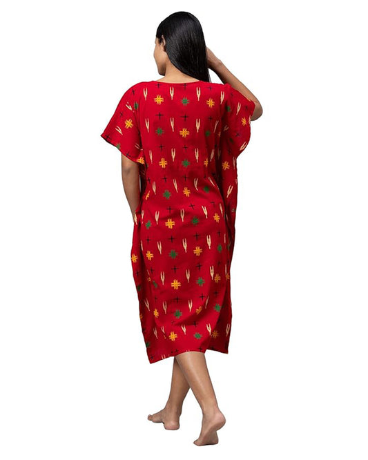 AV2 Red Maternity Nursing Kaftan Nighty-Round Neck-Other Print-Bump Friendly