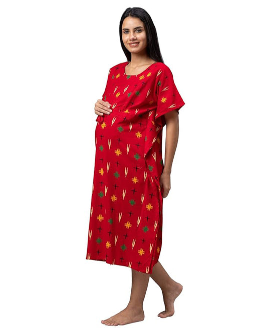 AV2 Red Maternity Nursing Kaftan Nighty-Round Neck-Other Print-Bump Friendly