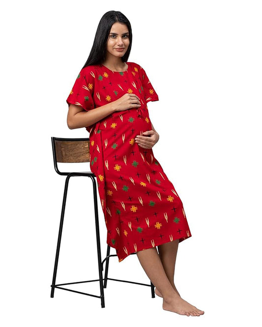 AV2 Red Maternity Nursing Kaftan Nighty-Round Neck-Other Print-Bump Friendly