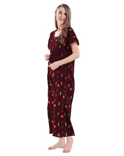 AV2 Brown Maternity Nursing Kaftan Nighty-Round Neck-Other Print-Bump Friendly