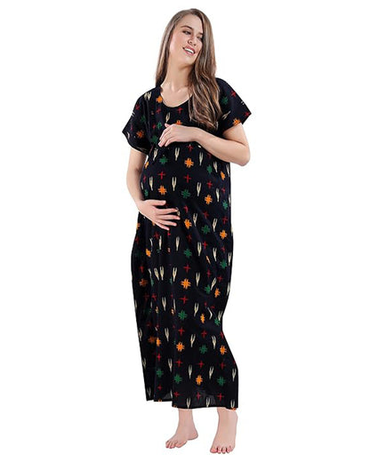 AV2 Black Maternity Nursing Kaftan Nighty-Round Neck-Other Print-Bump Friendly