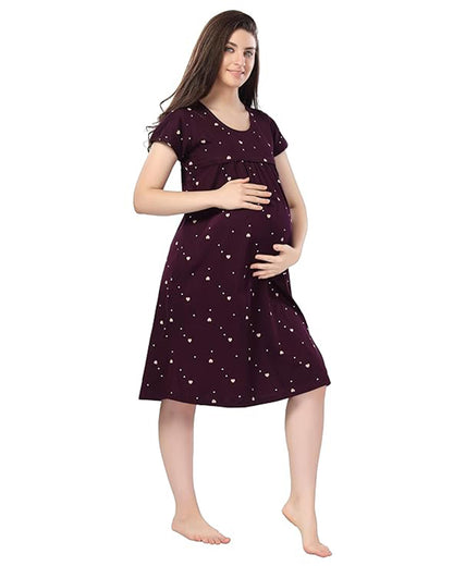 AV2 Brown Maternity Nursing Nighty-Round Neck-Other Print-Bump Friendly