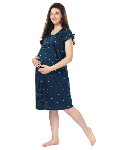 AV2 Navy Blue Maternity Nursing Nighty-Round Neck-Other Print-Bump Friendly