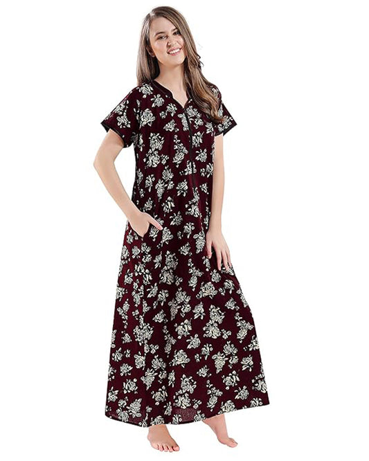 AV2 Brown Maternity Nursing Nighty-Round Neck-Floral Print-Bump Friendly