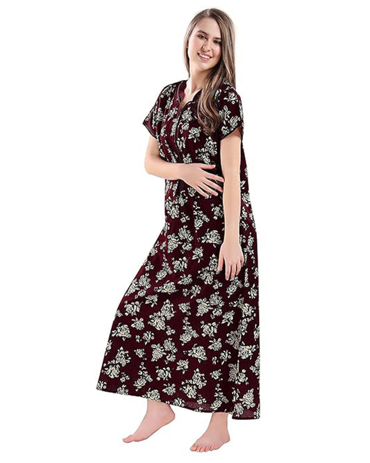 AV2 Brown Maternity Nursing Nighty-Round Neck-Floral Print-Bump Friendly