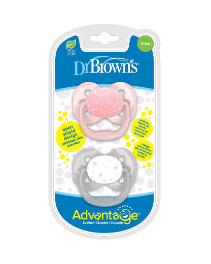 Dr. Brown's Advantage Pacifiers-With Round Silicone Bulb-Pink Stars-Pack of 2-Soother