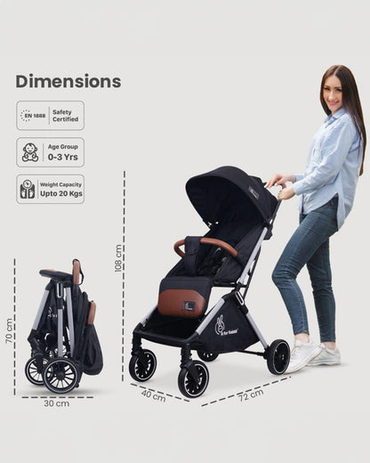 R for Rabbit Street Smart Auto Fold Lightweight Baby Stroller-Mutli Position Recline-One Hand Fold-Pram for 0 to 3Y (Upto 20 Kg)-Pure Black