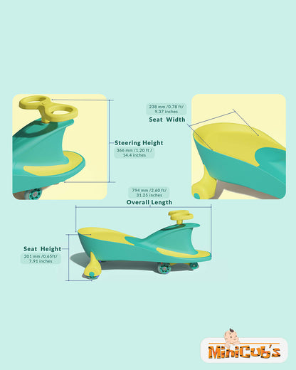 MiniCubs Swing Car-With Scratch Free & LED Swivel Wheels-Wide Seating Area-3Y+ (Upto 100kg)-Sea Green and Lemon Yellow