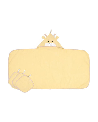 Mi Arcus Showering Love Hooded Baby Bath Towel Set-100% Cotton-With 3 Face Washers-Yellow