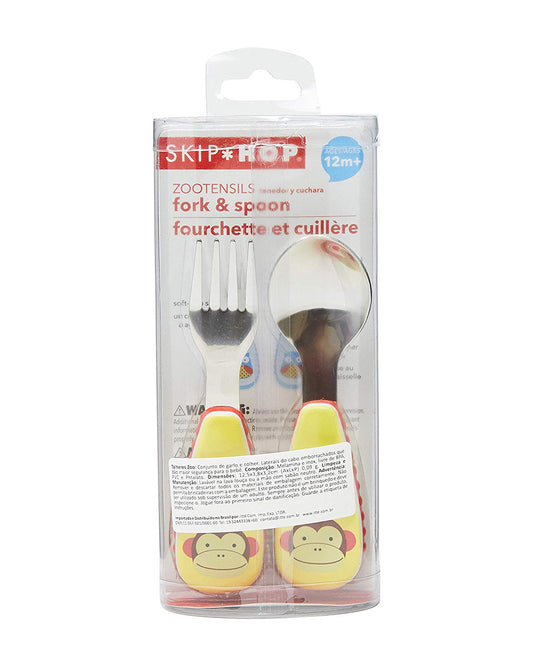 Skip Hop Zootensils-Monkey-Stainless Steel Spoon & Fork Set-Soft Sides For Easy Grip-For Infants