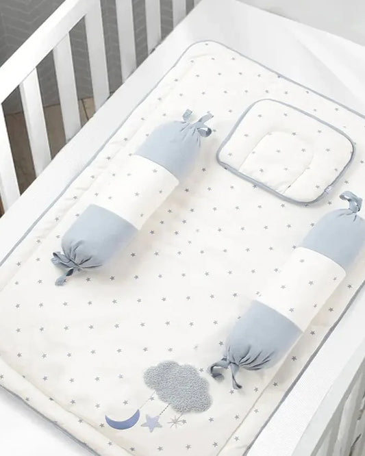 Mi Arcus Polka Dots Baby Bedding Set-Light Weight-Light Blue-Pack of 4-Baby Mattress Set For Infants