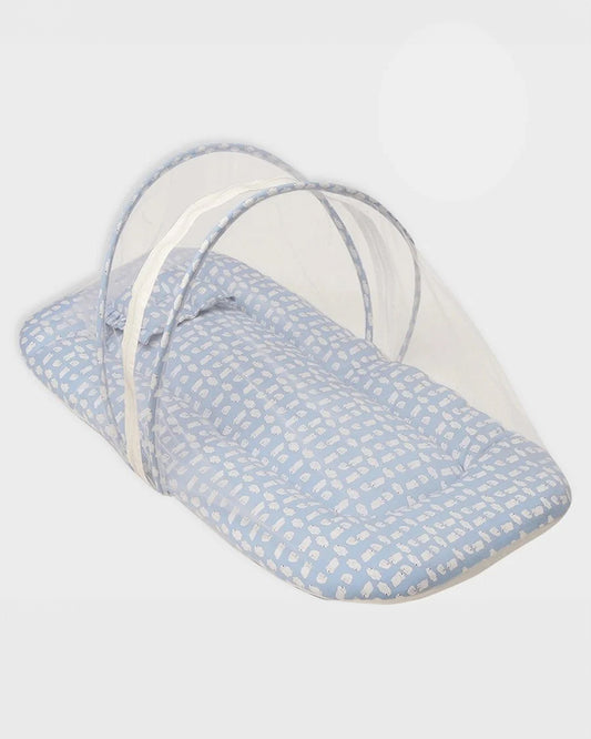 Mi Arcus Snowy Baby Mattress Set-With Mosquito Net & Baby Pillow-Light Blue-For Infants