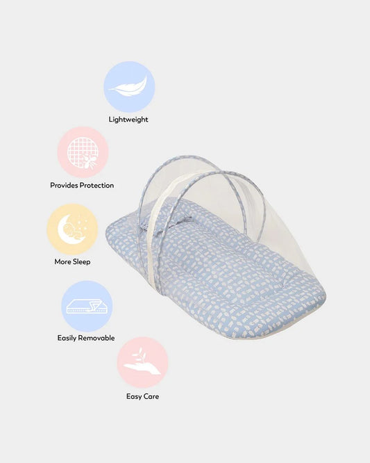 Mi Arcus Snowy Baby Mattress Set-With Mosquito Net & Baby Pillow-Light Blue-For Infants