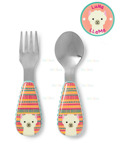 Skip Hop Zootensils-Llama-Stainless Steel Spoon & Fork Set-Soft Sides For Easy Grip-For Infants