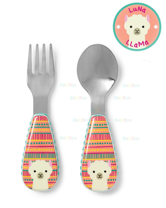 Skip Hop Zootensils-Llama-Stainless Steel Spoon & Fork Set-Soft Sides For Easy Grip-For Infants