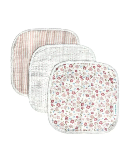 Abracadabra 100% Cotton Muslin Wipes-Multi Purpose & Hypoallergenic-Set of 3 Wash Cloths-Vintage Floral-For Infants