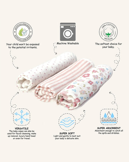 Abracadabra 100% Cotton Muslin Wipes-Multi Purpose & Hypoallergenic-Set of 3 Wash Cloths-Vintage Floral-For Infants