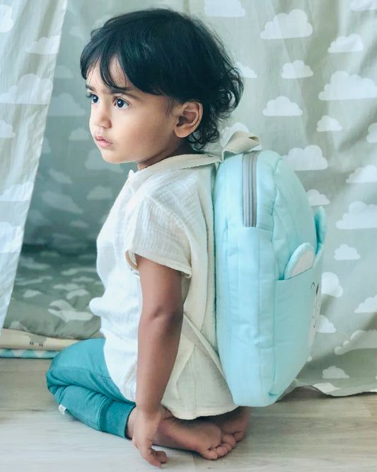 Masilo Bear Backpack-Soft Organic Cotton-with Outside Water & Stain Resistant Coating-Light Blue-for Toddlers