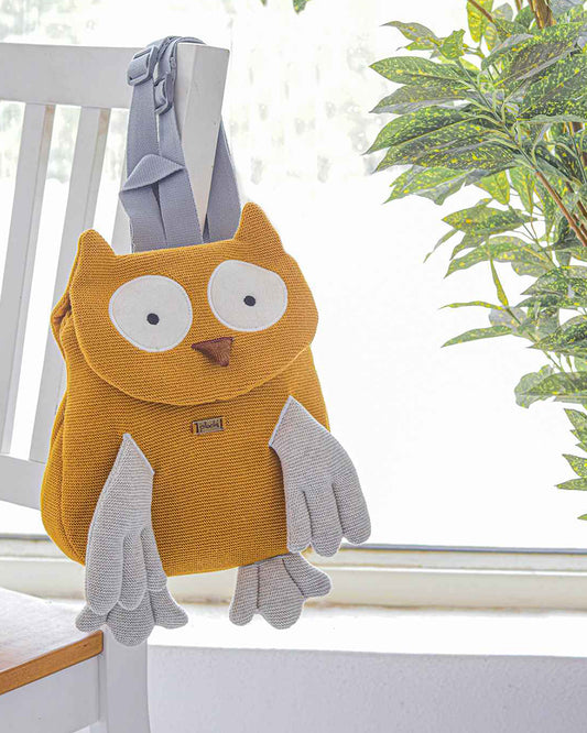 Pluchi Wise Mr. Owl Backpack-Soft Knitted Cotton Bag-with Adjustable Straps-Mustard-for Toddlers