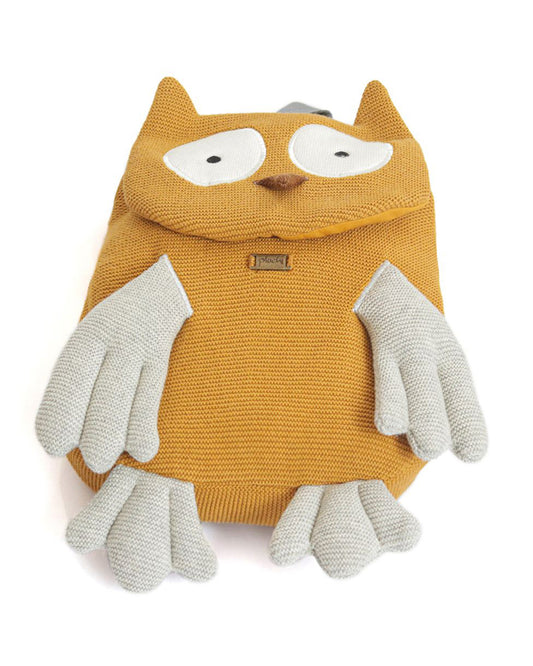 Pluchi Wise Mr. Owl Backpack-Soft Knitted Cotton Bag-with Adjustable Straps-Mustard-for Toddlers