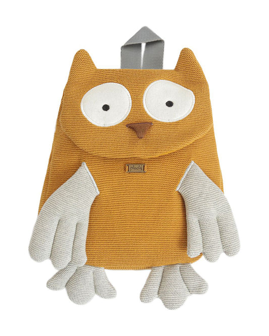 Pluchi Wise Mr. Owl Backpack-Soft Knitted Cotton Bag-with Adjustable Straps-Mustard-for Toddlers