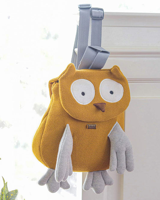 Pluchi Wise Mr. Owl Backpack-Soft Knitted Cotton Bag-with Adjustable Straps-Mustard-for Toddlers