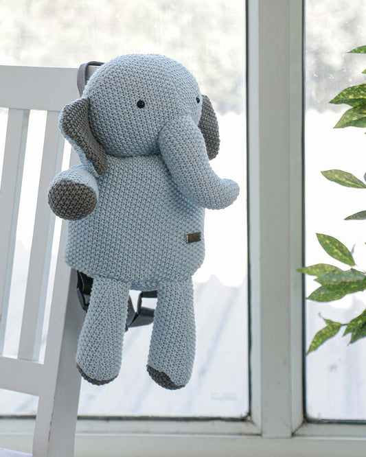 Pluchi Berry The Elephant Backpack-Soft Knitted Cotton Bag-with Adjustable Straps-Light Blue-for Toddlers