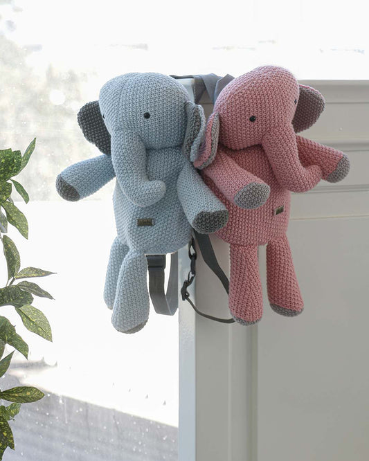 Pluchi Berry The Elephant Backpack-Soft Knitted Cotton Bag-with Adjustable Straps-Light Blue-for Toddlers